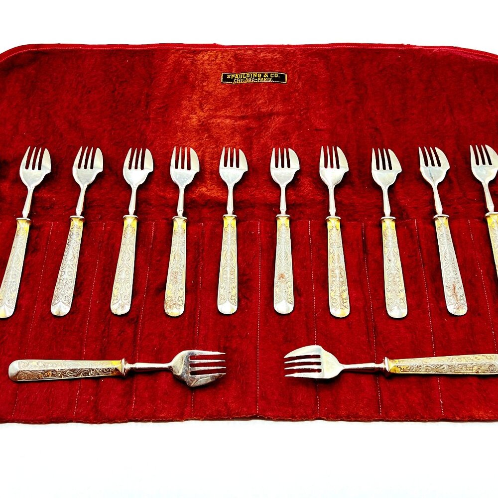 19th C. Antique Fabrica de Toledo Spanish Damascene 14-Piece 6" Cake Fork Set